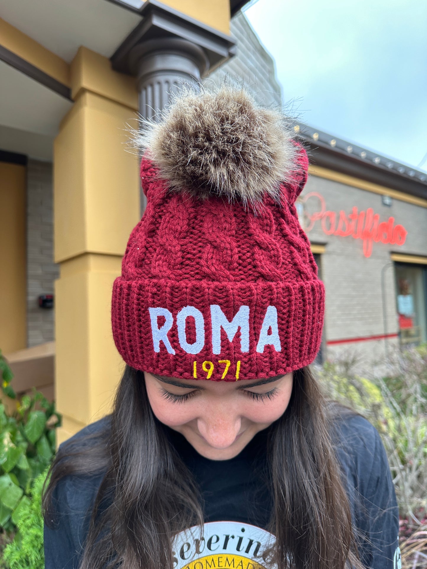 MAROON PASTA BEANIE WITH POM